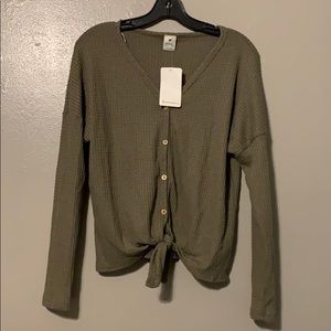 Green long sleeve waffle t shirt tie front
